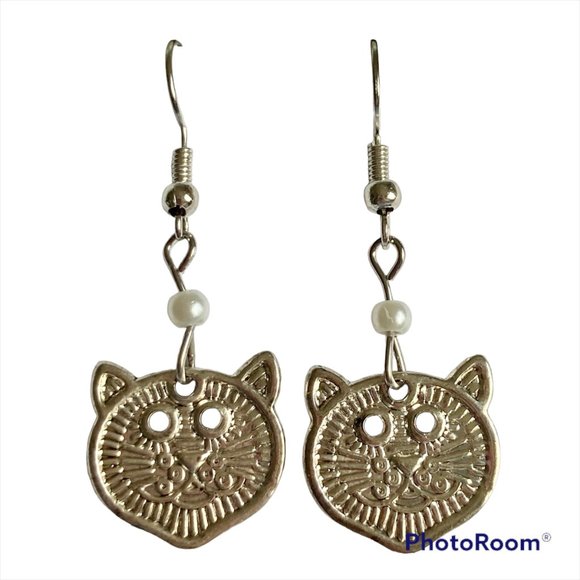 Pearl Kitty Cat Earrings Vintage Charms Lion Tiger Silver Plated Rescue Mom Gift - Picture 5 of 12